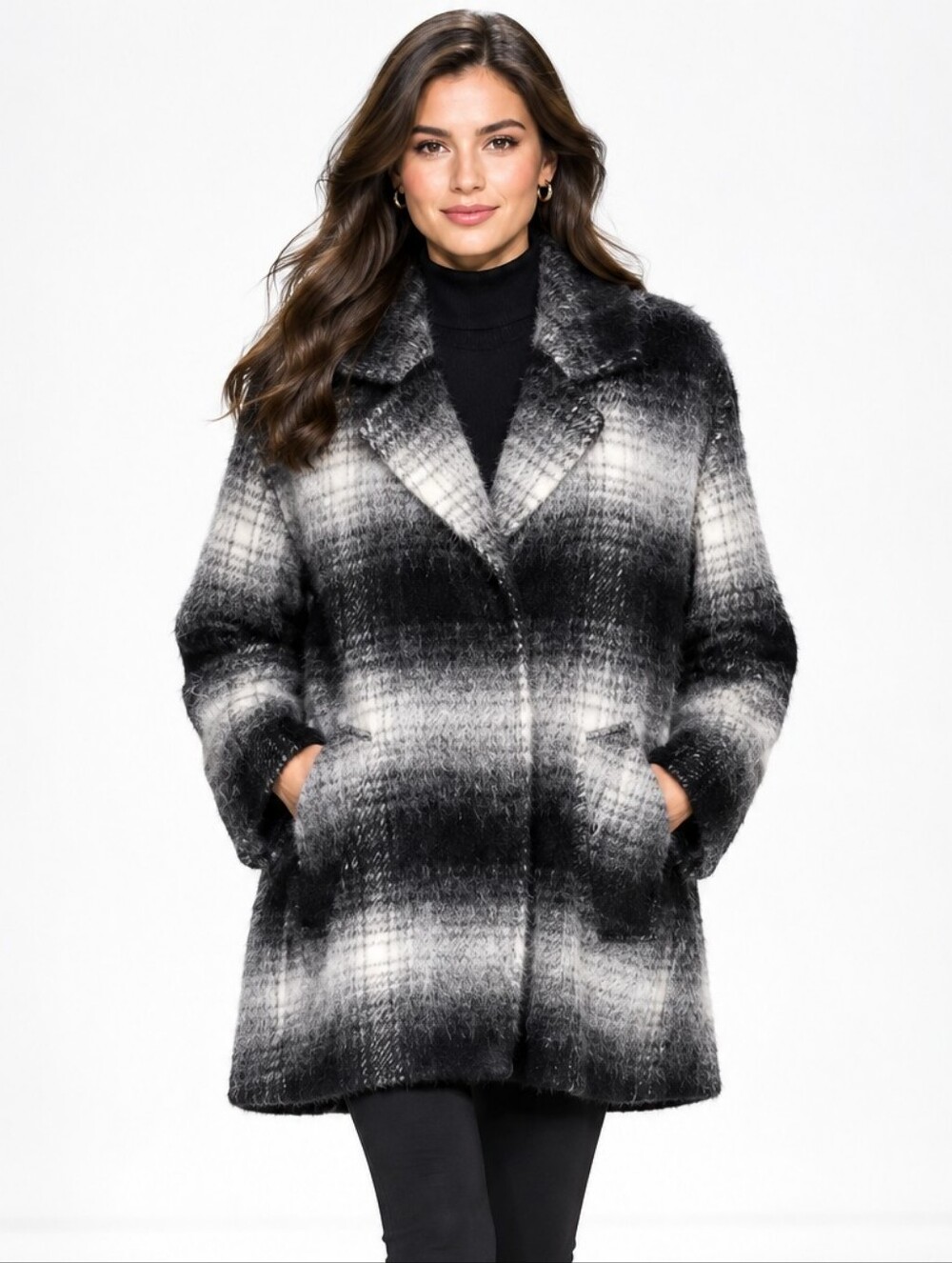 Sam Edelman Black White Plaid Brushed Wool Blend Coat Jacket M Grunge Indie